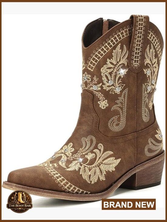Shoes - Pointed Toe Western Booties with Embroidered Rhinestone Chunky Heel Ankle Boots